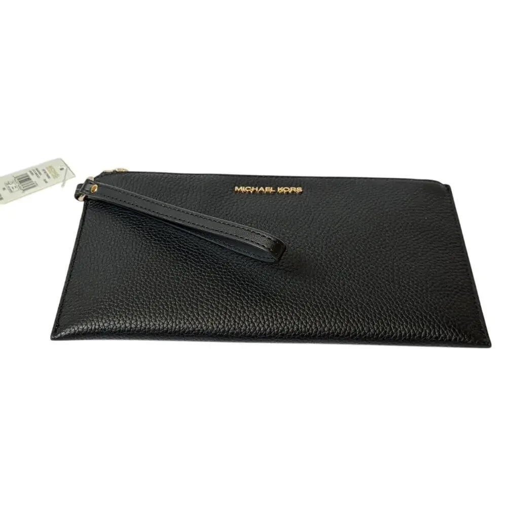 MICHAEL KORS Jet Set Large Leather Clutch Wristlet in Black New w/ Tag MSRP $258
